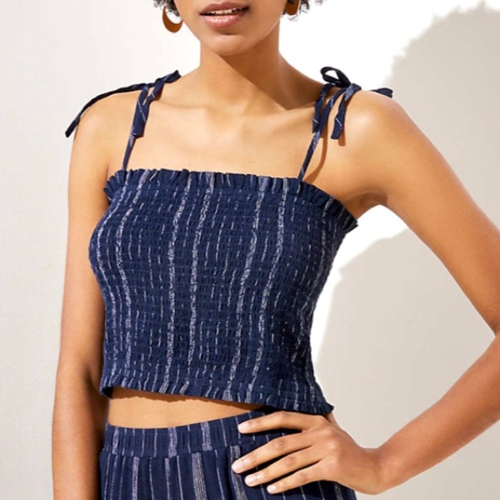 LOFT Beach Striped Crinkle Tie Strap Smocked Tube Top Size Large